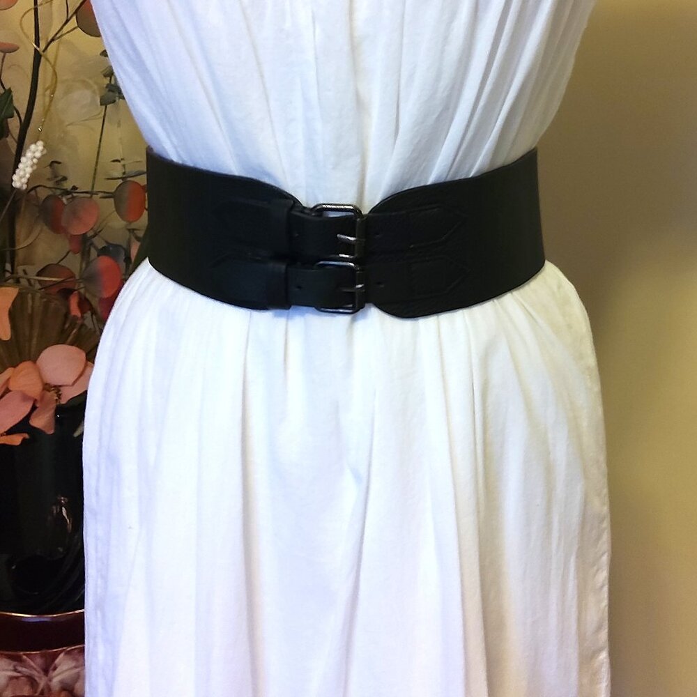 Vintage HYDE Genuine Leather Belt Black Classic Dress Belt with Double Buckle M